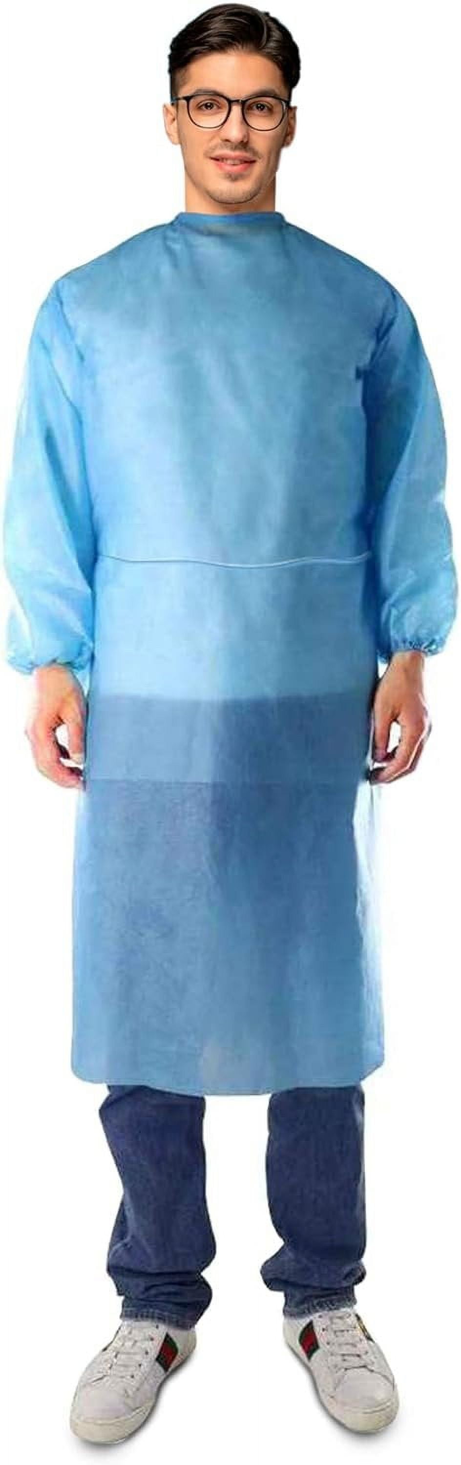 PPE-Level 2. Disposable Isolation Gowns. Open back tie, below knee, round  neck, long sleeves, thumb loops, color.blue