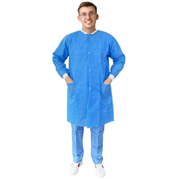 Blue Disposable Lab Coats for Adults, X-Large. Pack of 100 SMS Disposable Coats Medical with Snaps, Knit Cuffs, Collar, 3 Pockets. Waterproof and Breathable 40 GSM Painting Lab Coats