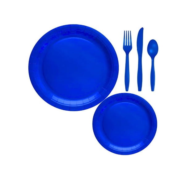 Blue Disposable Party Supplies Cutlery Set 102 Pieces (24) Dinner Plates 9 Inch (30) Dessert 7 Inch (48) Utensils