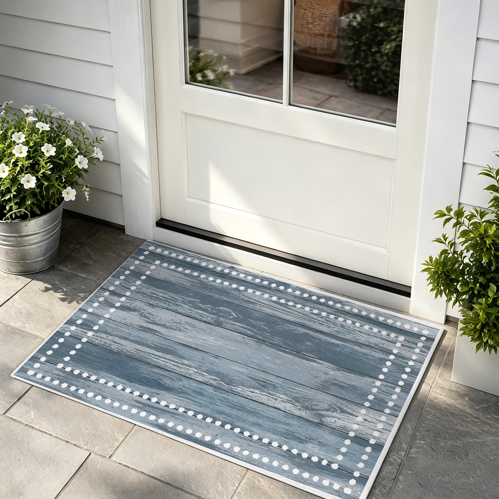 Blue Distressed Wooden Door Mat Indoor/Outdoor Entrance, Non Slip ...