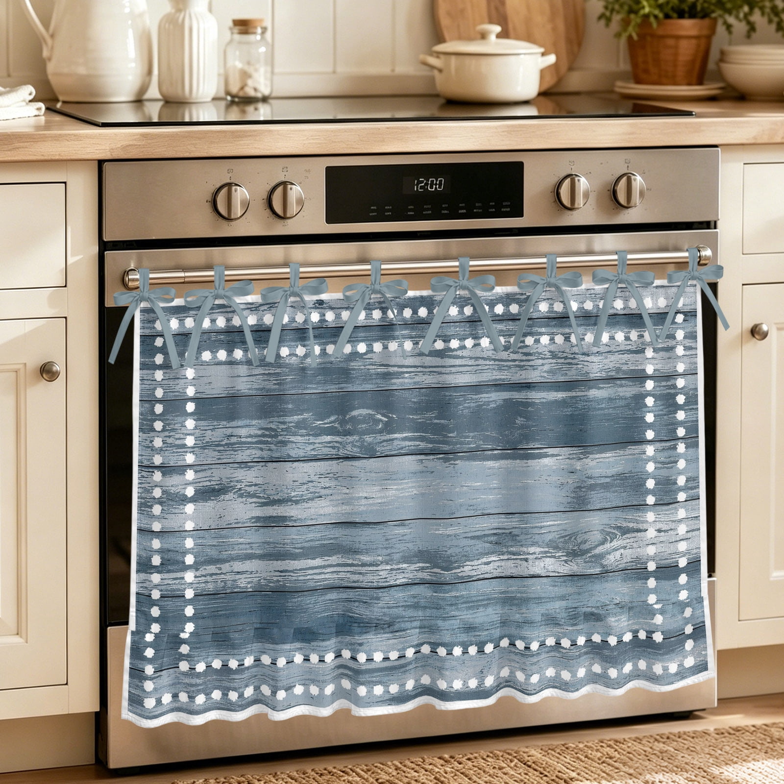 Blue Distressed Wooden Oven Skirt Curtain, Abstract Dotted Borders ...