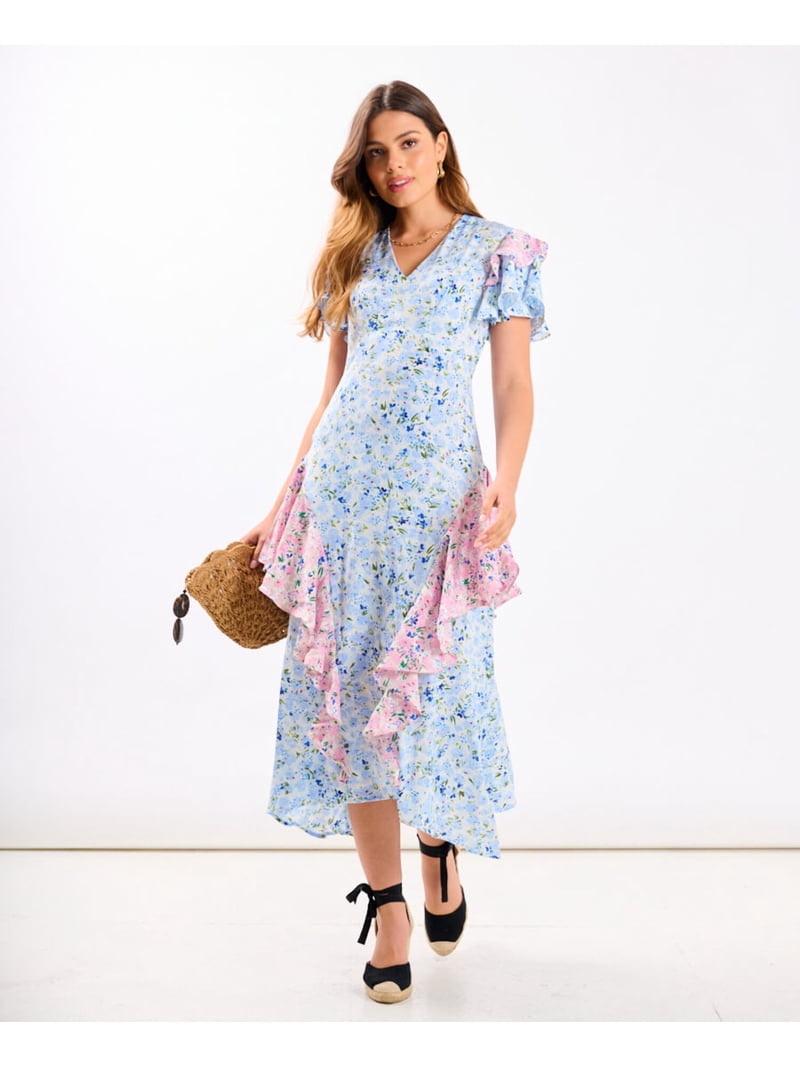 blue ditsy floral midi dress MABLE Powder Blue Ditsy Floral Ruffle Midi Dress – Beach Rose Co