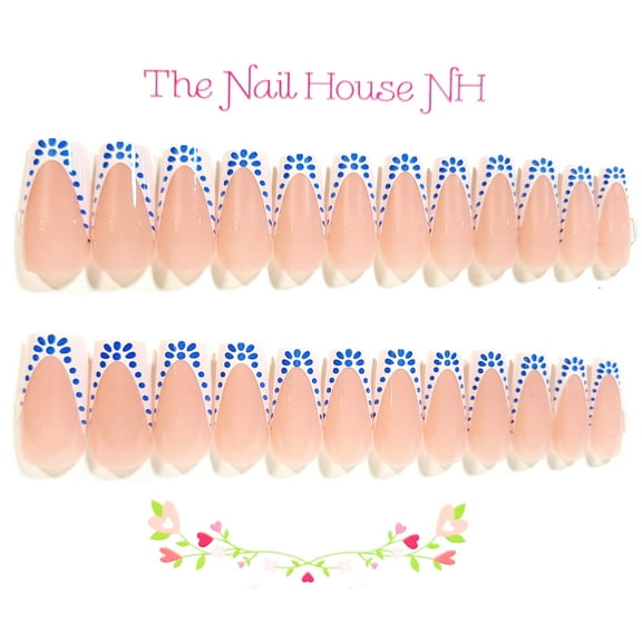 Blue Ditty Dots French Manicure Glossy Medium Square Press-On Nails - 24 Pieces - Artificial Nail Kit