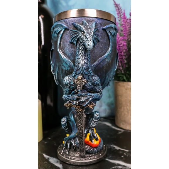 Blue Divine Fire Winged Dragon With Excalibur Sword Wine Goblet Chalice Cup 7oz