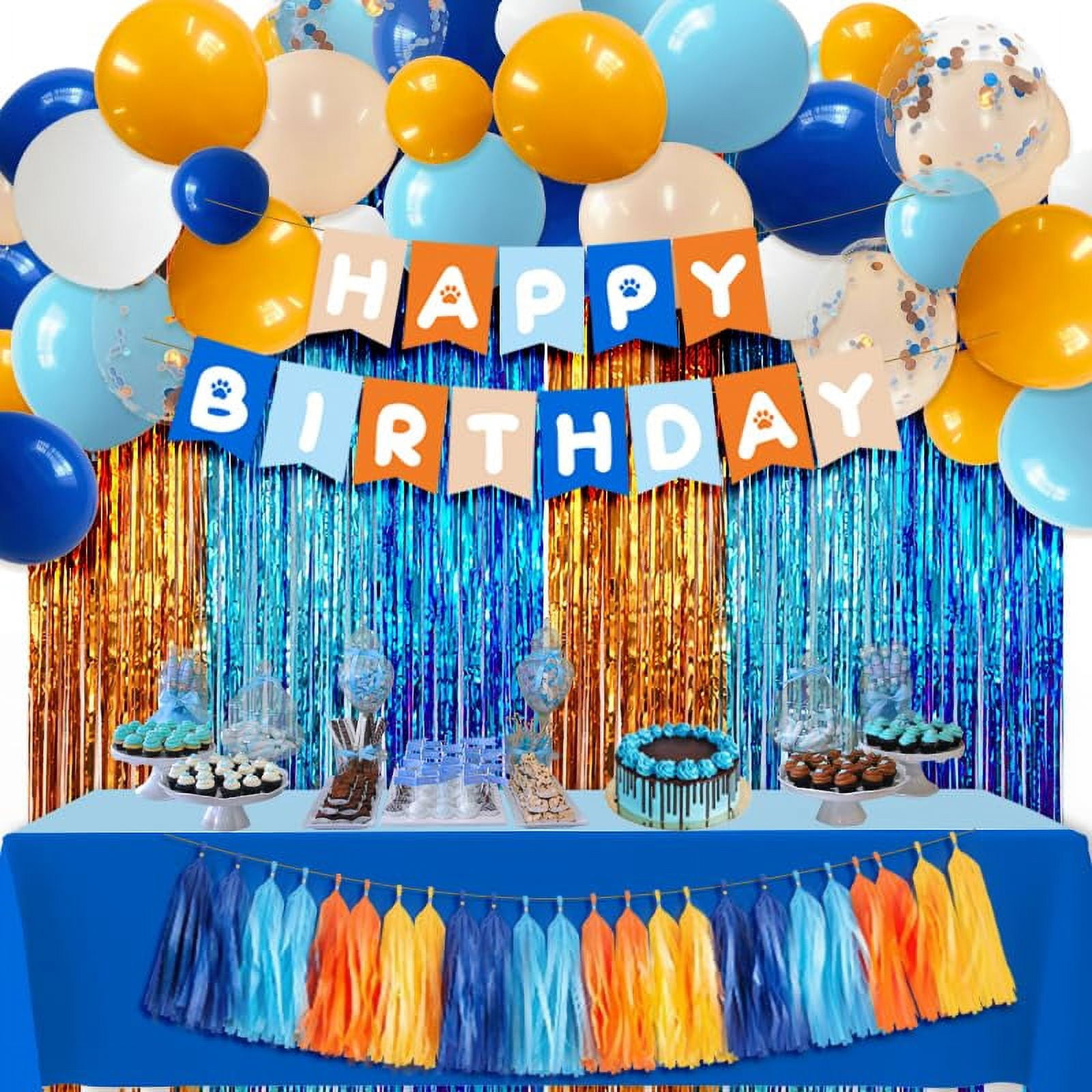 Blue & Orange Boho Boy Birthday Decoration Kit - Banner, Fringe Curtain, Balloons, Pom Poms Backdrop Supplies