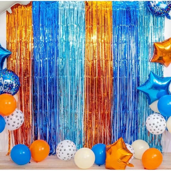 Blue Dog Birthday Party Supplies, 2 Packs 3.3x6.6 ft Foil Fringe Curtains, Orange Light blue Tinsel Metallic Streamers, Photo Booth Props Streamer Backdrop for Theme Party Decoration