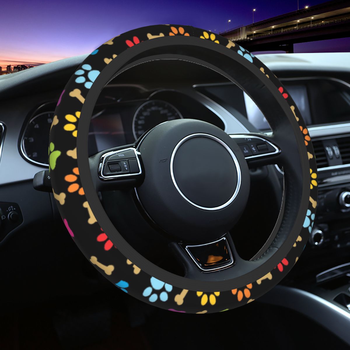 Black 16 inch Microfiber Leather Steering Wheel Covers Non-Slip Universal Fit
