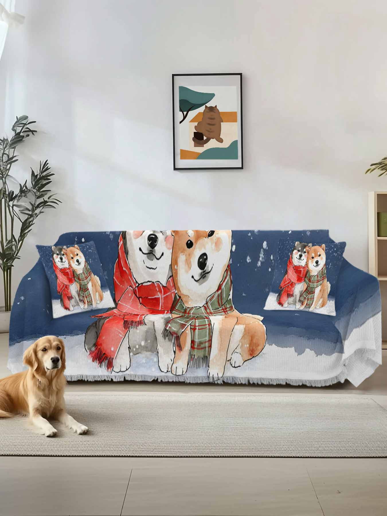 Blue Dog Couch Cover, Cute Dogs Snowflake Winter Sofa Cover Blanket for ...