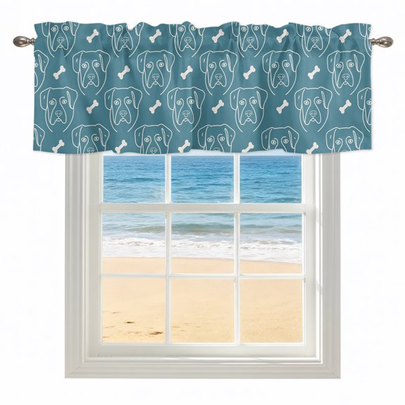 Blue Dog Head Valances for Windows, Rod Pocket Kitchen Valance Curtains - Soft & Washable Small Window Treatment for Living Room, Bathroom, Animal Bone Pet Face Lines 42x12inch, 1 Panel