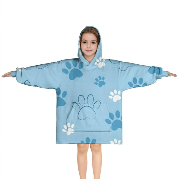 Blue Dog Paw Footprint Blanket Hoodies for Kids 6-13YR Oversize Wearable Blanket Hoodies for Boys Girls Teens