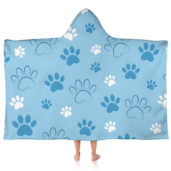 Blue Dog Paw Footprint Hooded Bath Towel,50"x30" for Ages 3 To 12 Kids, Quick Dry Lightweight Soft Microfiber Hood Beach Towel Cover Up for Kids