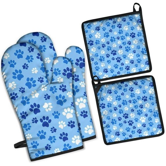 Blue Dog Paw Footprint Kitchen Oven Mitt and Pot Holder Sets 4 Pcs for Baking, Cooking and Grilling, Heat Resistant Up To 392 °F