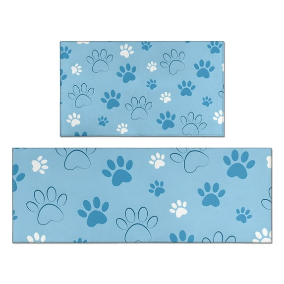 Blue Dog Paw Footprint Kitchen Rugs Sets Of 2,Anti Fatigue Kitchen Mat Rugs Non Slip Washable,Decorative Kitchen Floor Mats for Kitchen,Sink,Laundry,17"x30"+17"x47"