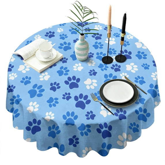 Blue Dog Paw Footprint Round Tablecloth 60"x60",Wrinkle Wipeable Table Cloth for Kitchen Dining Room Picnic Patio Party