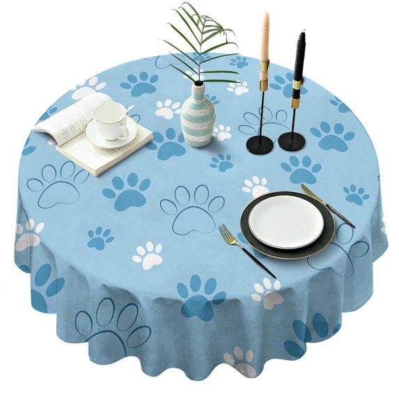 Blue Dog Paw Footprint Round Tablecloth 60"x60",Wrinkle Wipeable Table Cloth for Kitchen Dining Room Picnic Patio Party