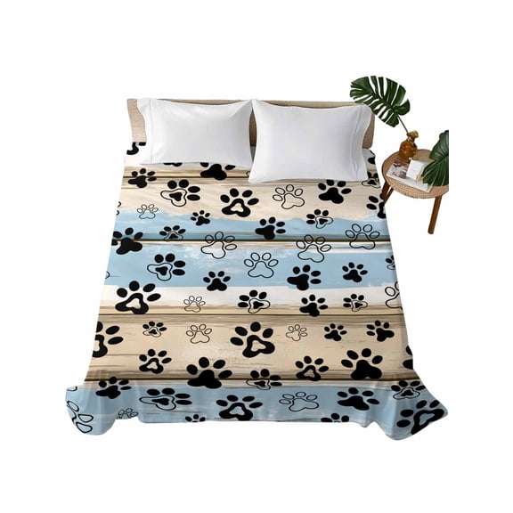Blue Dog Paw Print Flat Sheet Only Twin Size, Soft Breathable Bed Top Sheets for Mattress, Vintage Farmhouse Rustic Wooden Grain Luxury Bedding Flat Sheets for Home Hotel Bedroom Bed Protection