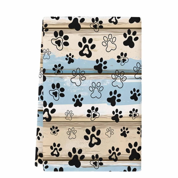 Blue Dog Paw Print Kitchen Towels Set of 1, Absorbent Microfiber Dish Tea Towels with Hanging Loop, Vintage Farmhouse Rustic Wooden Grain Resuable Hand Towel for Home Kitchen Cooking Cleaning 18"x28"