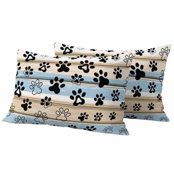 Blue Dog Paw Print Outdoor Waterproof Pillow Covers, Vintage Farmhouse Rustic Wooden Grain Decorative Rectangle Throw Pillowcase Sofa Cushion Sham for Patio/Couch/Chair, 20"x12" 2 Pack