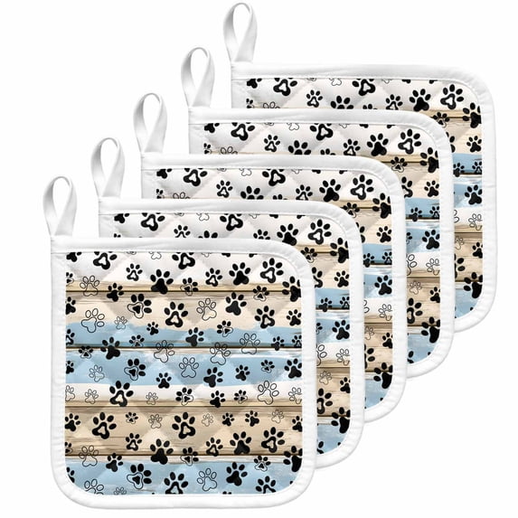 Blue Dog Paw Print Pot Holders for Kitchen Heatproof Potholder, 5 Pack Vintage Farmhouse Rustic Wooden Grain Hot Pads Multipurpose Oven Pads Cloth Potholders Trivet for Cooking Baking