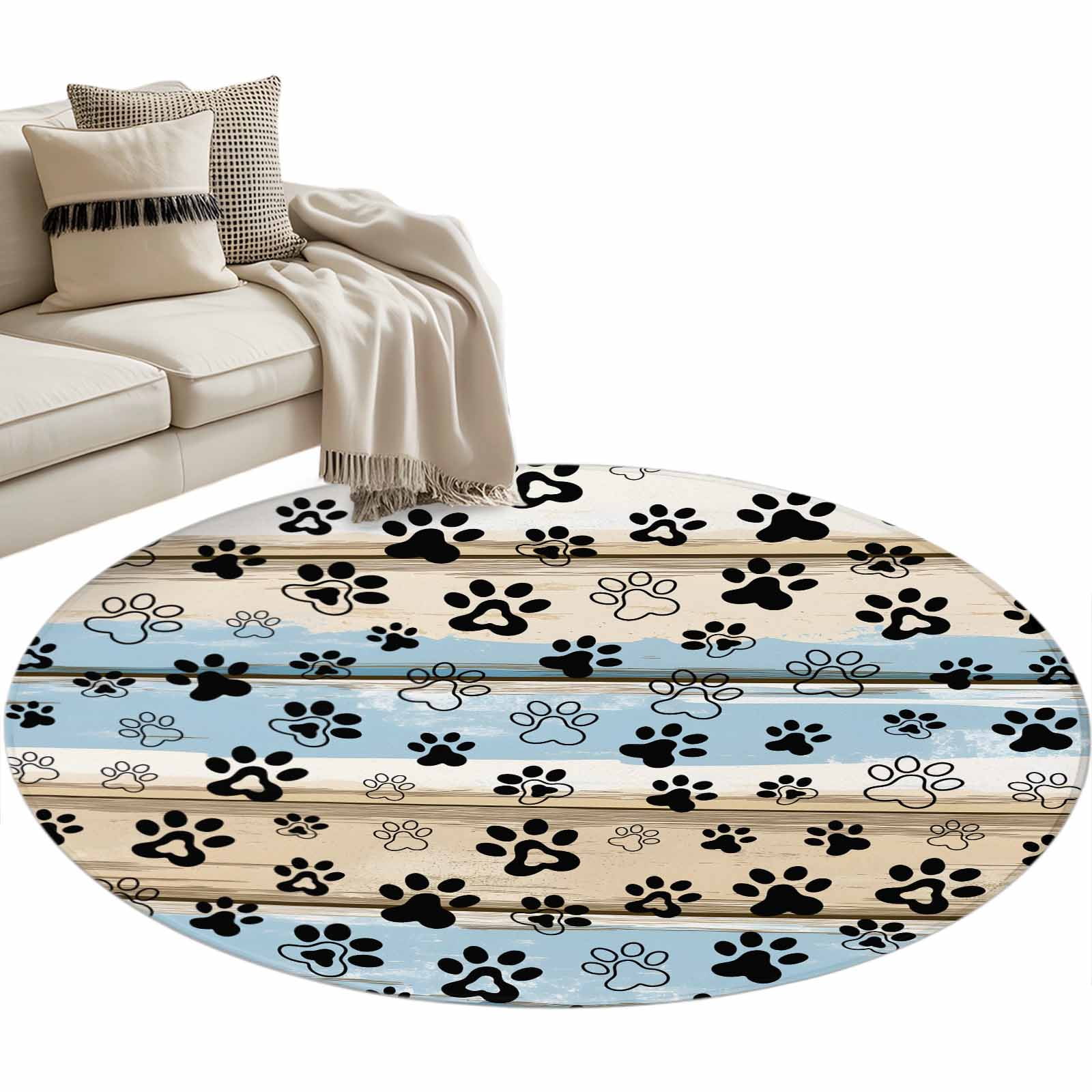 Blue Dog Paw Print Round Rug 4ft Area Rug Washable Soft Non-Slip 4 ...