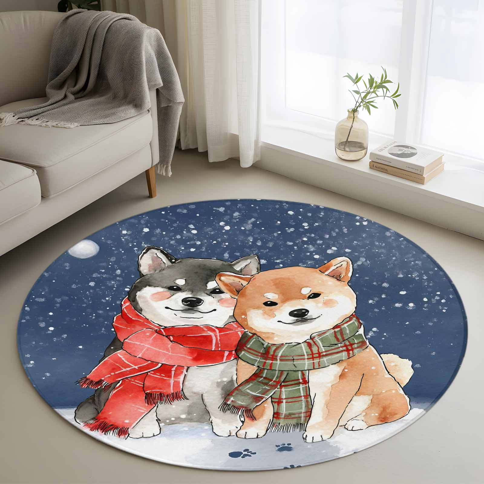 Small Dog Rug Blue Dog Round Area Rug 4Ft Washable Circle Rugs for Bedroom Dining ...