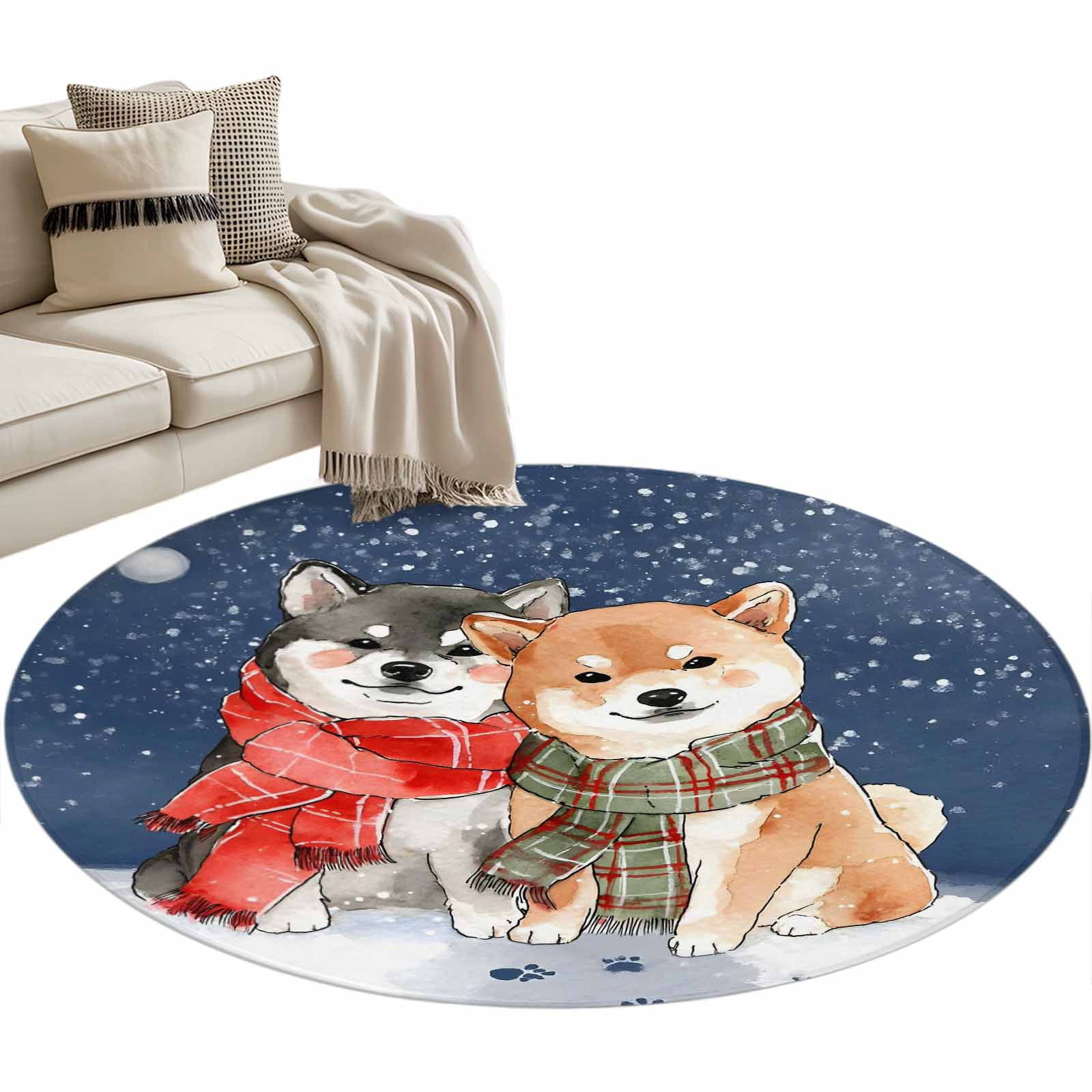 Small Dog Rug Blue Dog Round Area Rugs Collection 3.3', Cute Dogs Snowflake Winter ...