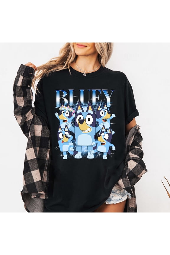 Blue Dog T-Shirt, Bluey Cartoon Dog Family Tee,Black Color,Size 2XL