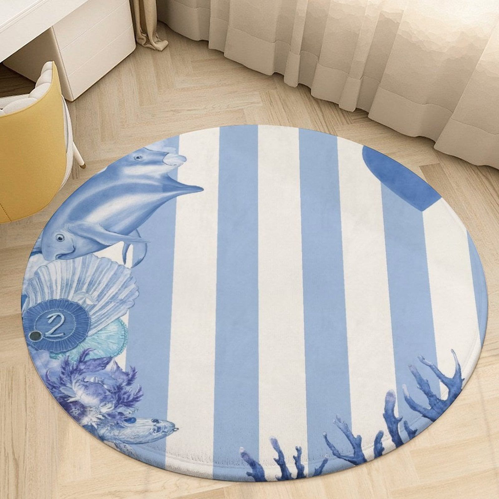 Blue Dolphin And Shell Pattern Round Area Rugs for Bedroom Living Room ...