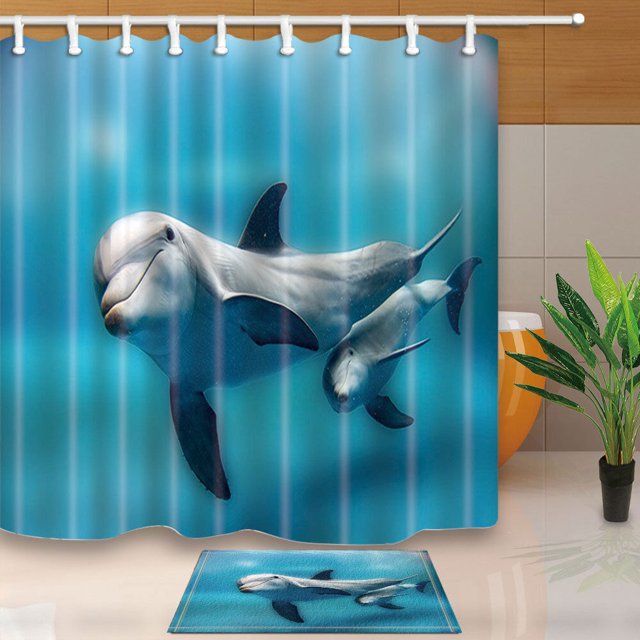 Blue Dolphin Bathroom Set 3D Shower Curtain and Floor Rug for a Cute
