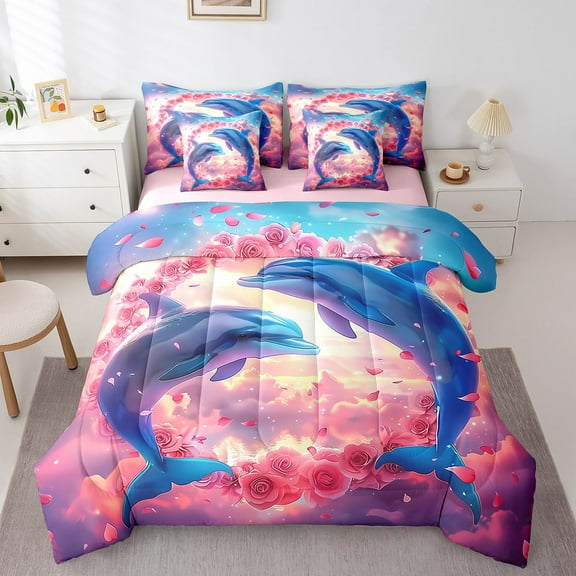 Blue Dolphin Bed in a Bag King Size Comforter Set 7 Pieces,Pink Rose Bedding Set Romantic Flowers Sheet Sets with Comforter Starry Sky Floral Bed Set,Nautical Sea Animal Room Decor