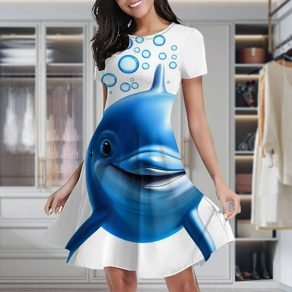 Blue Dolphin Bubble Design Women's Classic Swing Skater Dress Casual Work Party Cocktail Dresses