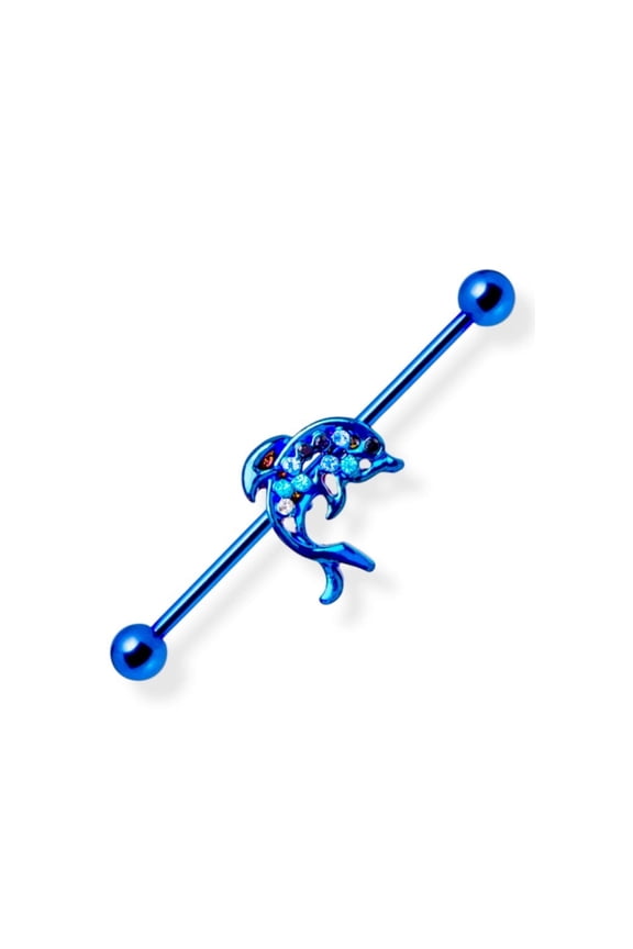 Blue Dolphin Ear Industrial Barbell Anodized Surgical Steel Cartilage 14g 38mm