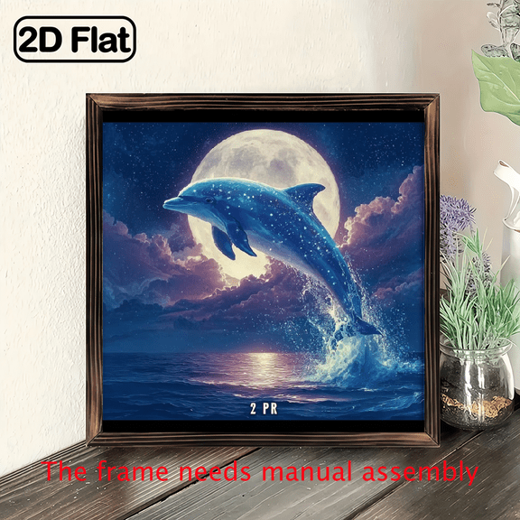 , Blue Dolphin Leaping from Water Wooden Framed Wall Art - Nautical Marine-Themed Wrapped Canvas Print, Turquoise Ocean Dcor for /Outdoor Use in, Bedroom, Bathroom.