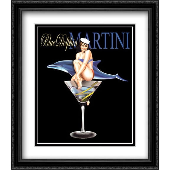 Blue Dolphin Martini 2x Matted 22x26 Large Black Ornate Framed Art Print by Ralph Burch