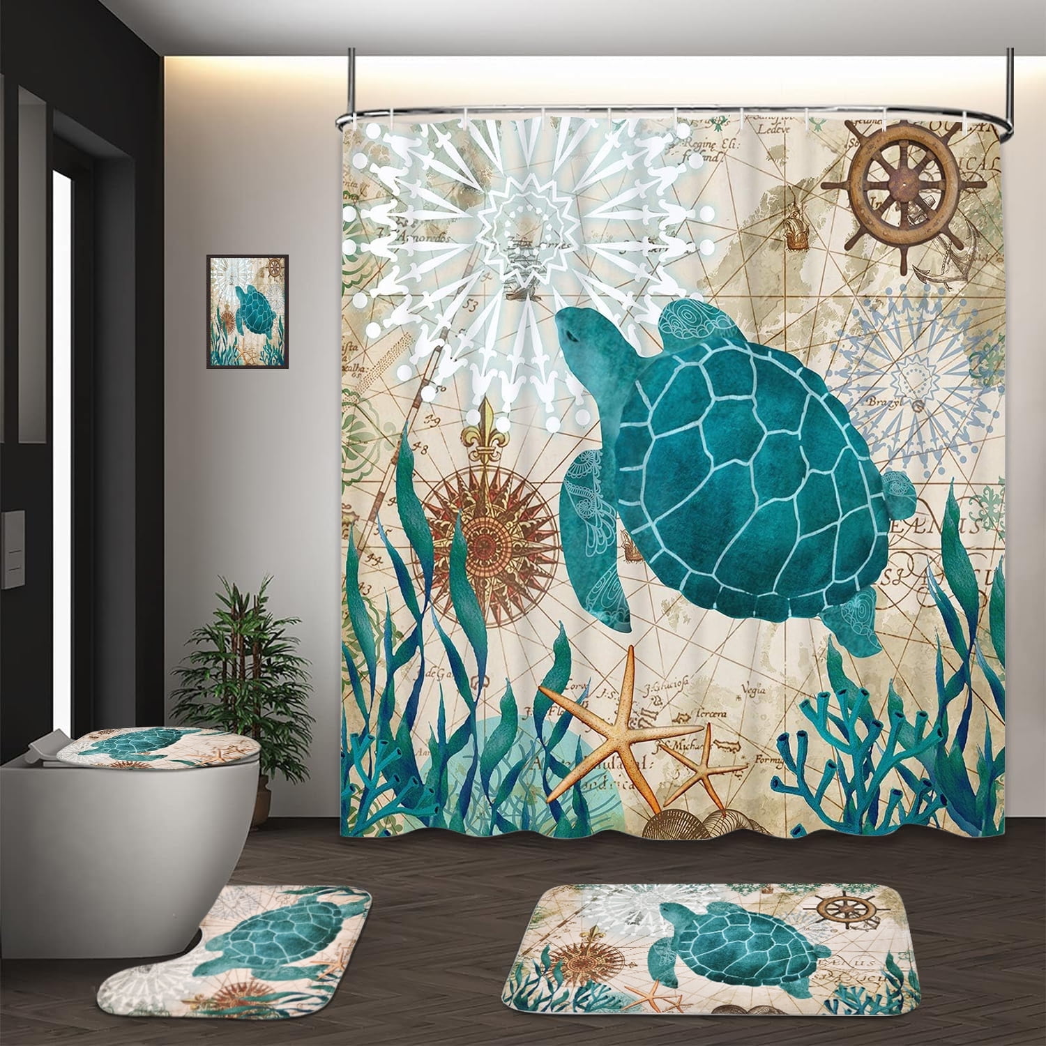 Blue Dolphin Shower Curtain and Rug Sets, 4 Pc Ocean World Bathroom Sets