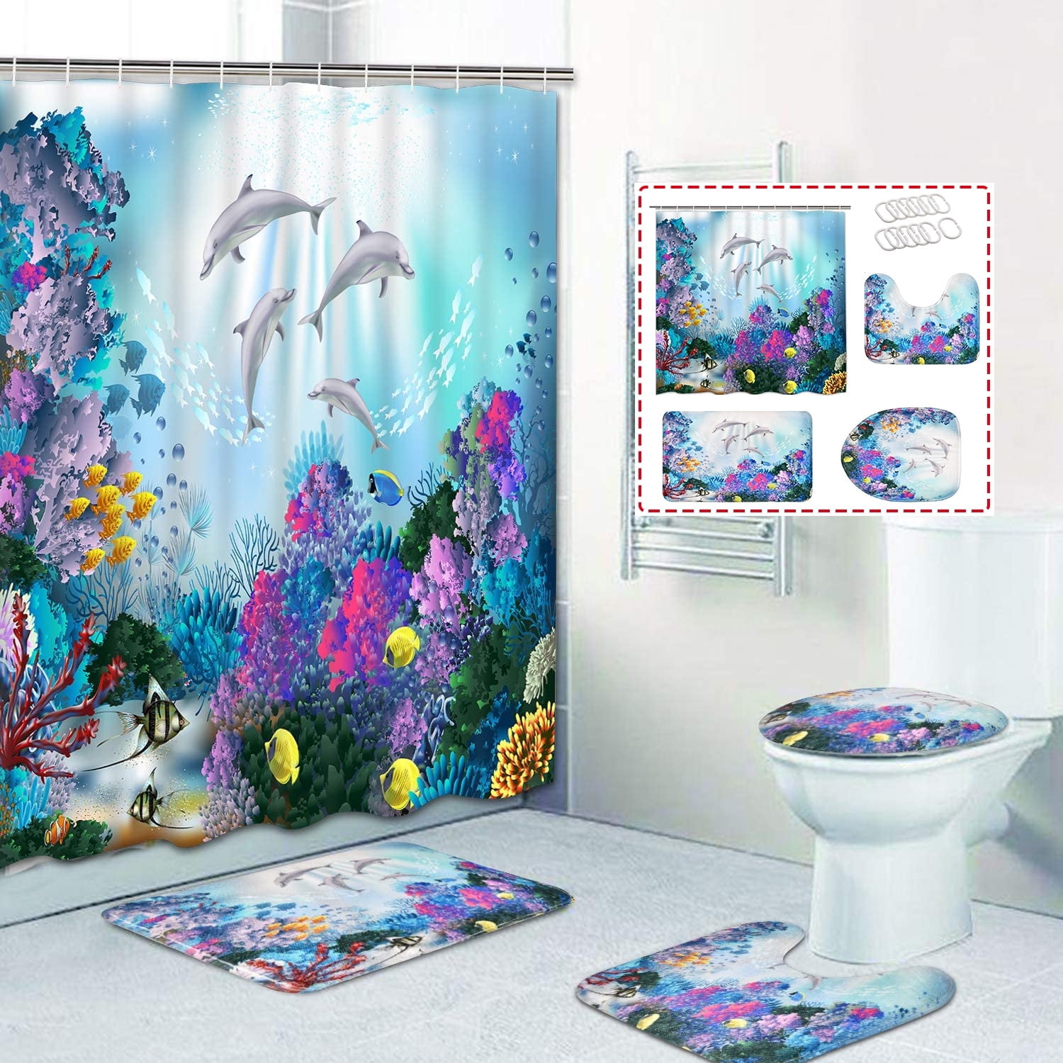 Blue Dolphin Shower Curtain and Rug Sets, 4 Pc Ocean World Bathroom Sets