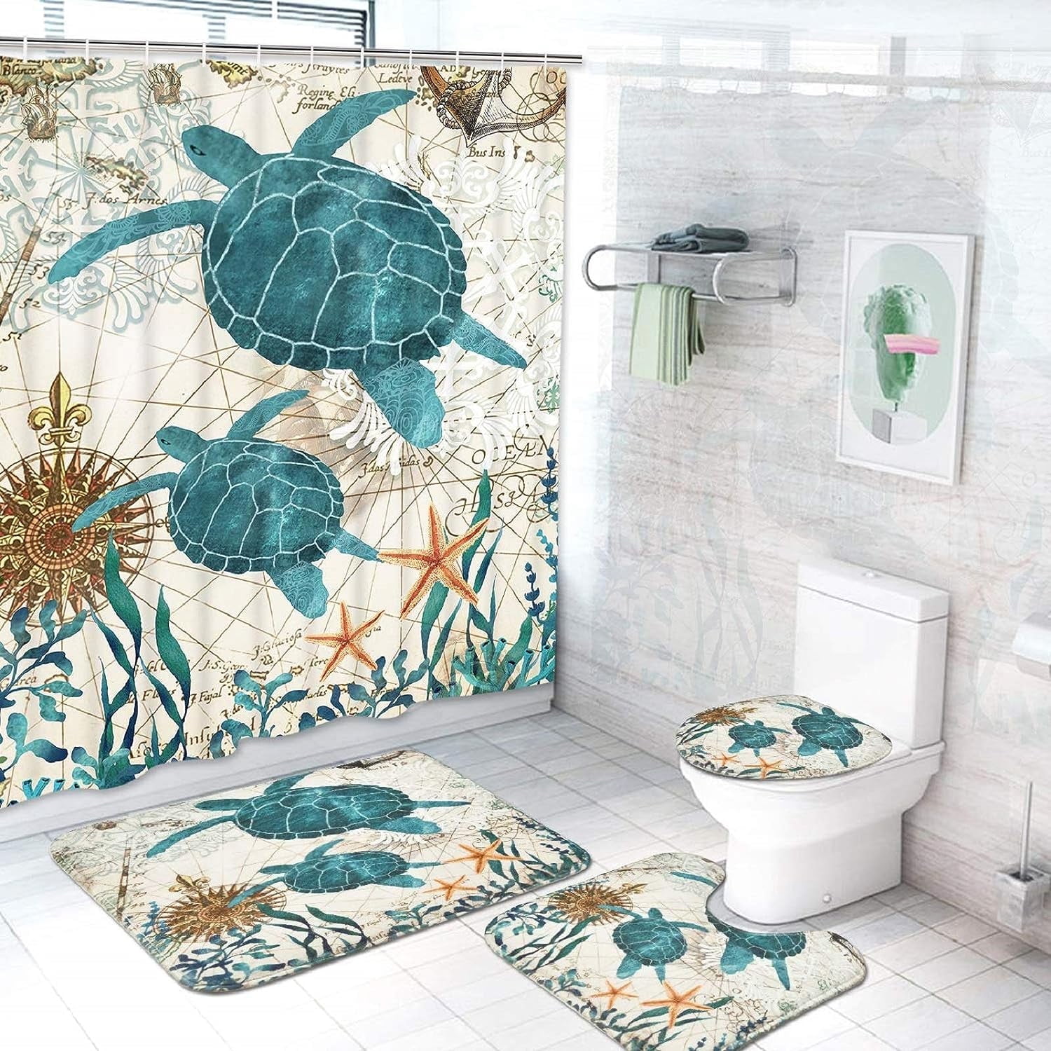 Blue Dolphin Shower Curtain and Rug Sets, 4 Pc Ocean World Bathroom Sets