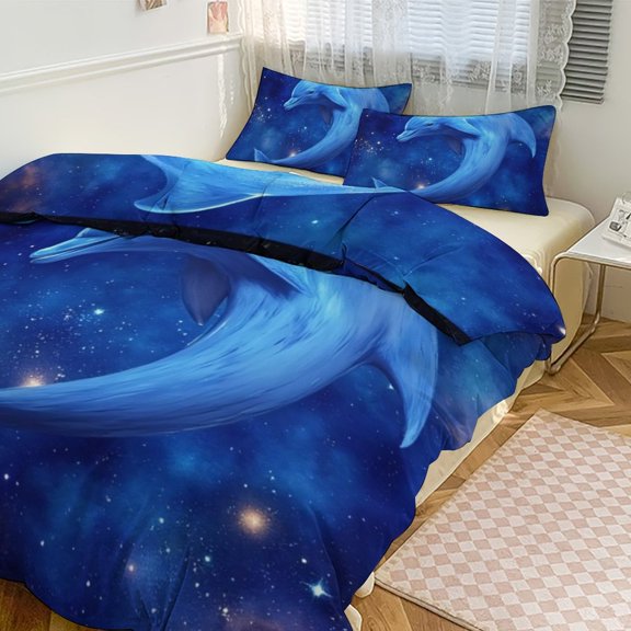 Blue Dolphin in Space Bedding Set Couple Bedclothes Pillowcase Customized Home Textiles Bed Set for Bedroom Decoration