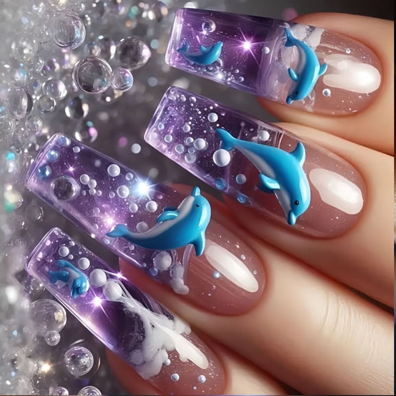 Blue Dolphins Design Square False Nail 24Pcs ABS Easy Application