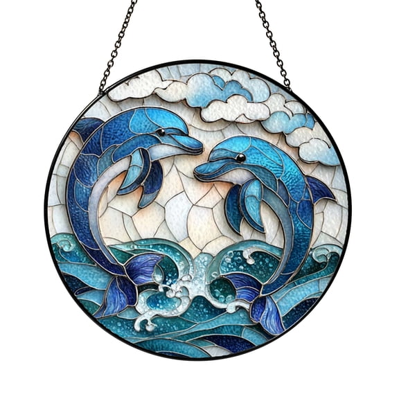 Blue Dolphins Jumping Stained Glass Round Suncatcher Window Hanging, Ocean Wildlife Art Decor for Coastal Homes