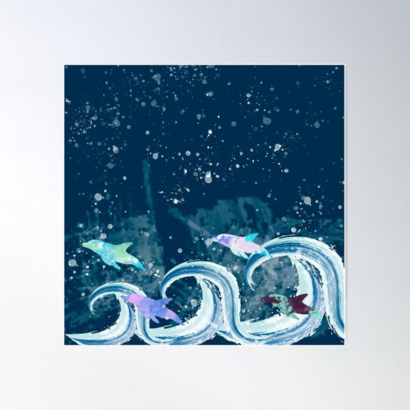Blue Dolphins On Waves Poster Wall Art, Modern Wall Decor For Living Room Bedroom, 24x24 UNFRAMED
