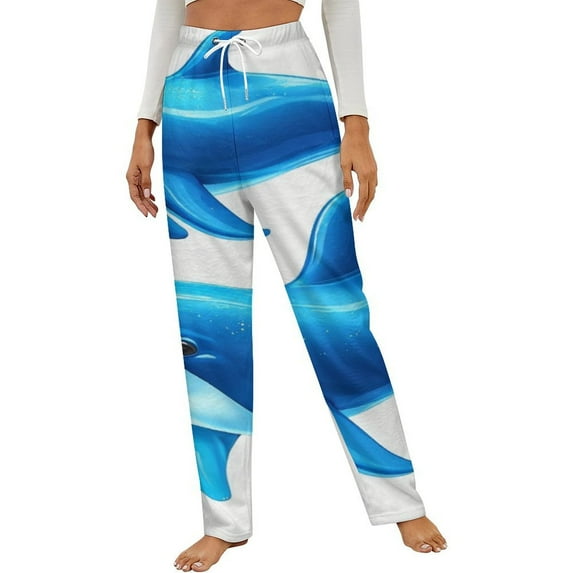 Blue Dolphins Pattern Winter Female Pants Flannel High Waist Women Pants Lady Warm Straight Leg Plush Trousers