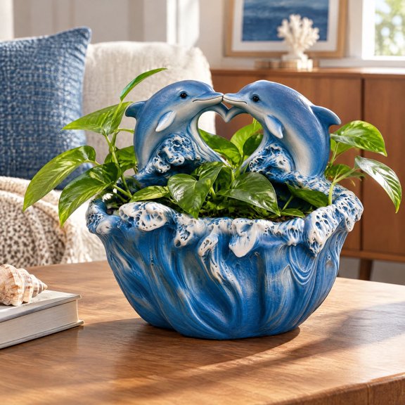 Blue Dolphins Riding The Waves Statue, Ocean Decor Planter Pot, Double Dolphins Kissing Figurine, Cute Desktop Ornament for Living Room Table Display