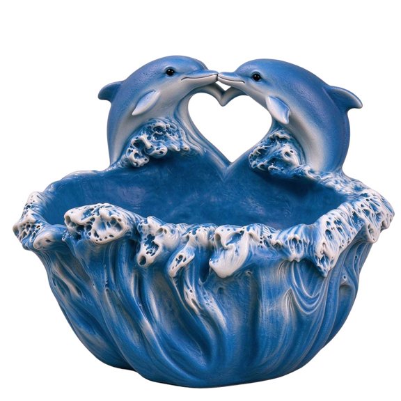 Blue Dolphins Riding The Waves Statue, Ocean Themed Decorative Planter Pot, Double Dolphins Kissing Figurine, Desktop Ornament for Tabletop Home Display