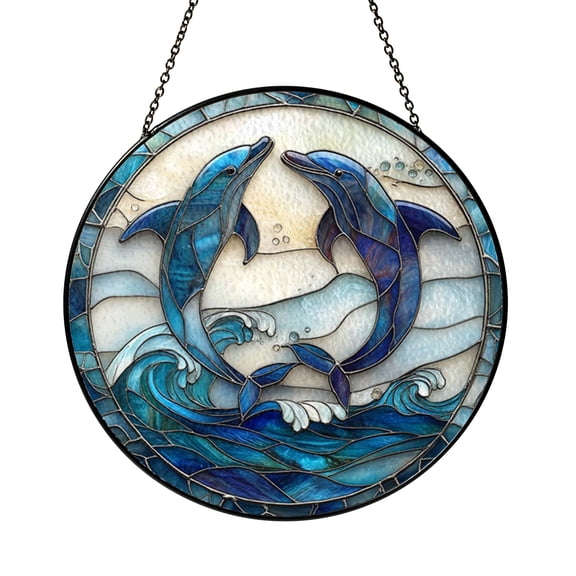 Blue Dolphins Stained Glass Style Round Suncatcher – Ocean Window Decor