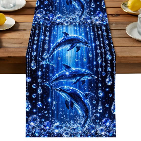 Blue Dolphins Table Runner, Coastal Marine Life Crystal Bead Strands Washable Kitchen Table Runners Dress Scarves for Dining Table Decorations Party/Restaurant/Indoor Outdoor Use, 13x36in