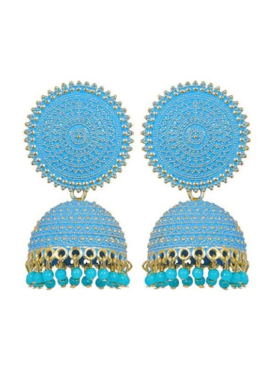Blue Dome Jhumka Drop Earrings with Beaded Dangles Traditional Round Stud Ethnic Danglers Jewelry
