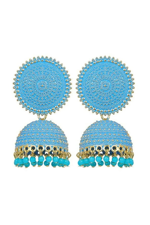 Blue Dome Jhumka Drop Earrings with Beaded Dangles Traditional Round Stud Ethnic Danglers Jewelry