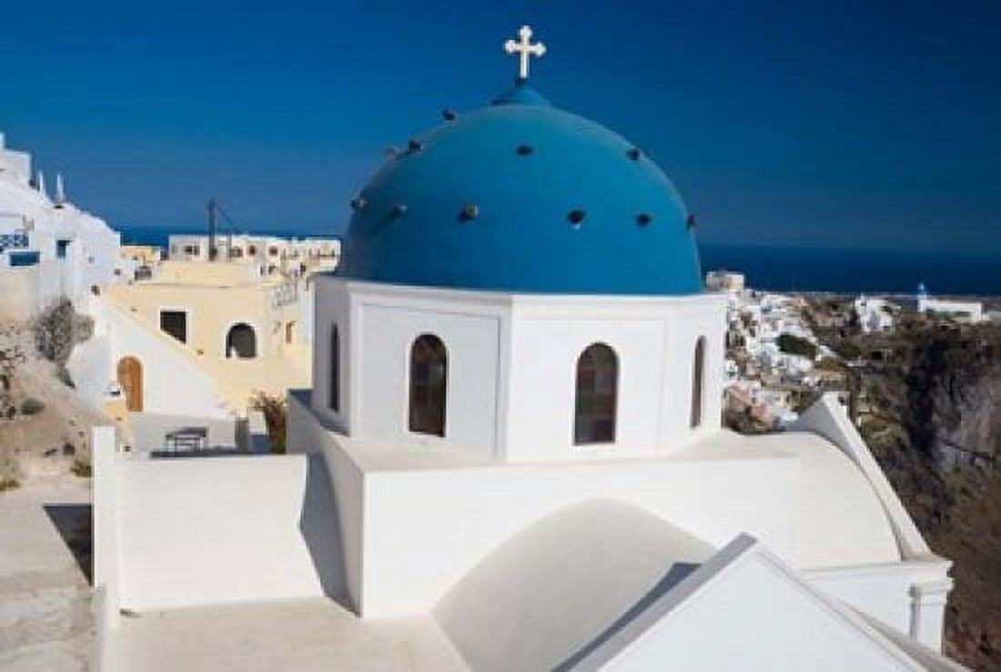 Blue Domed Church Imerovigli Santorini Greece Canvas Art - Darrell Gulin DanitaDelimont (24 x 15)