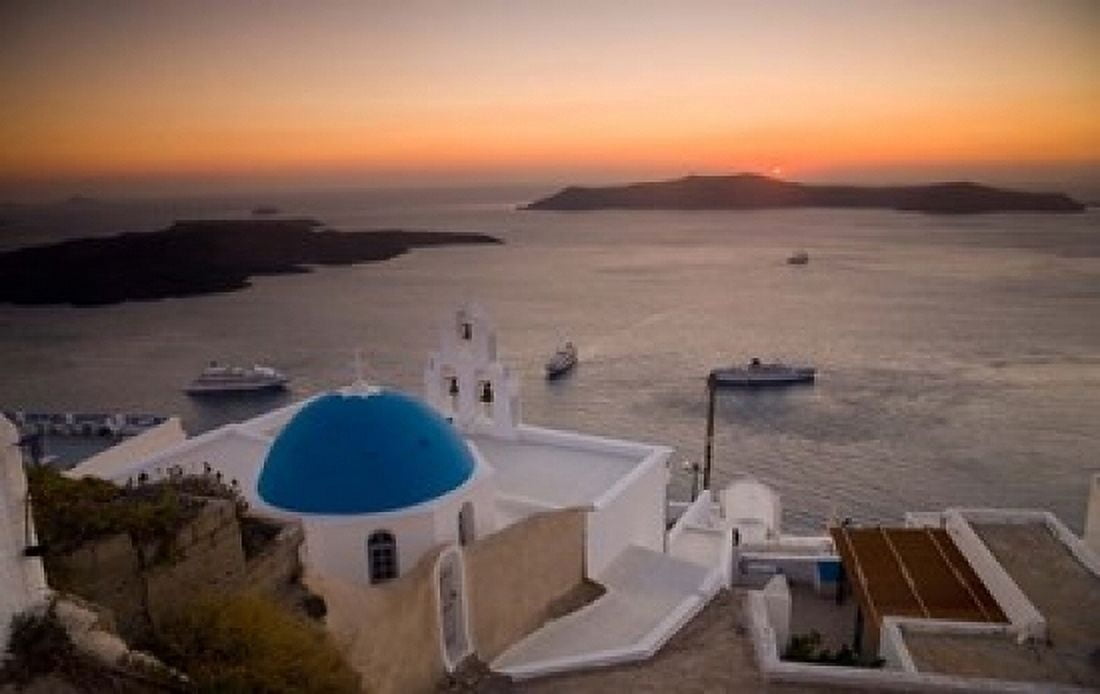 Blue Domed Church and Bell Tower Fira Santorini Greece Canvas Art - Darrell Gulin DanitaDelimont (18 x 11)